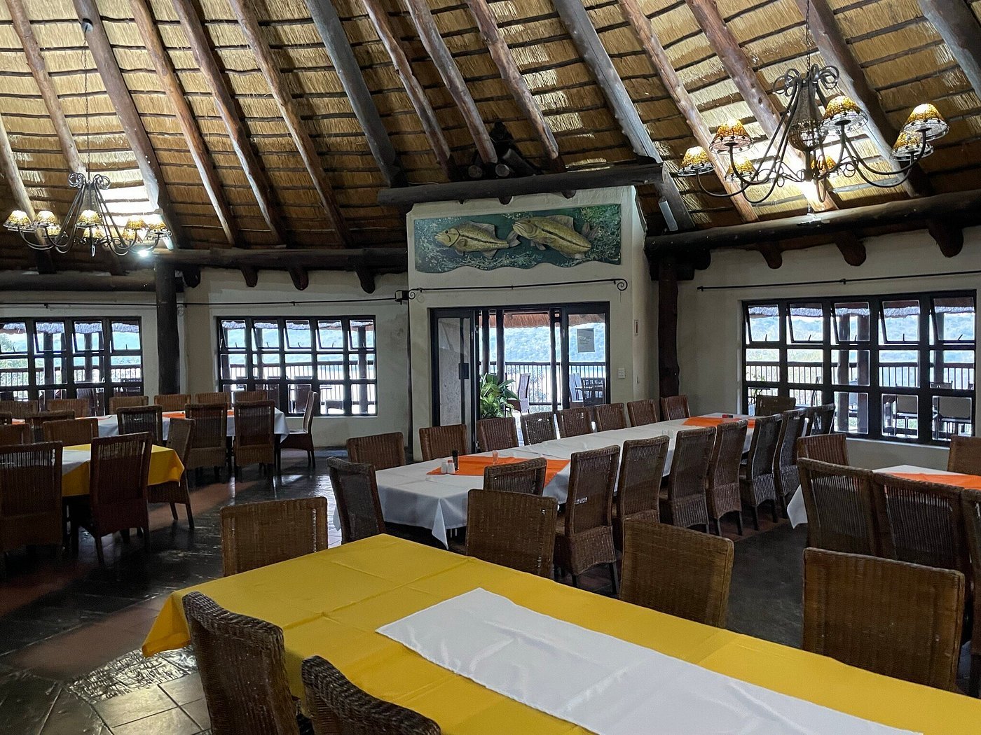Restaurant deck with lake outlook